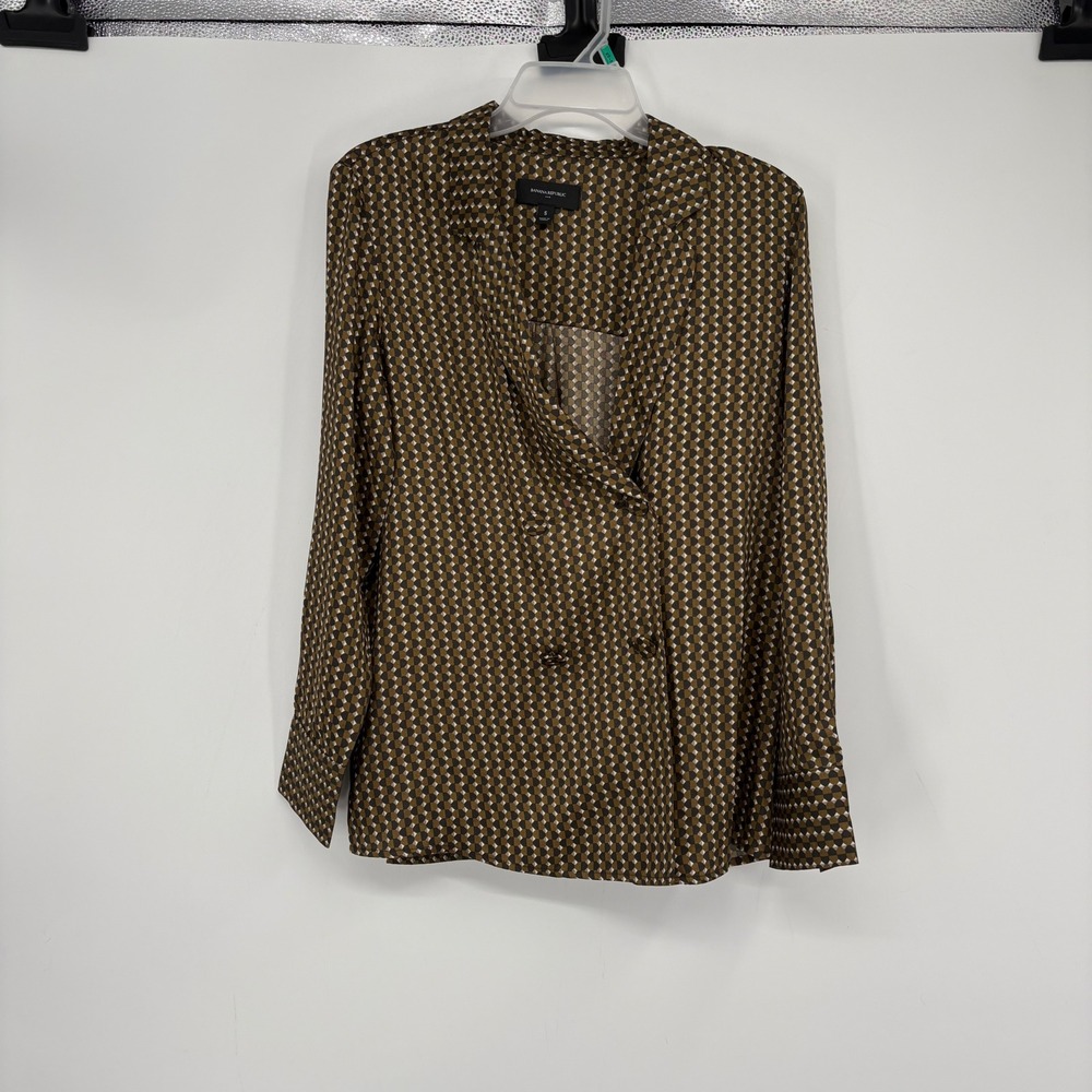 Banana Republic Blouse Womens S Brown Geometric Double Breasted Wrap Top Career